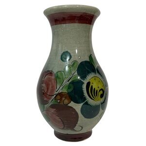 Vintage 1970s Tonala Mexican Folk Art Stoneware Pottery Vase Hand Painted Flower